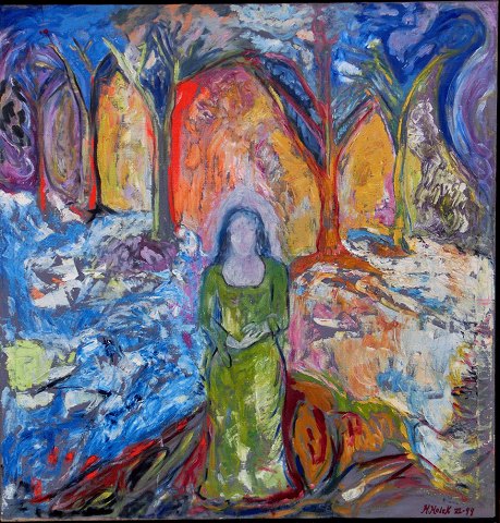 "Green Virgin in Cathedrals of light"Acrylic on canvas in heavy frame.
