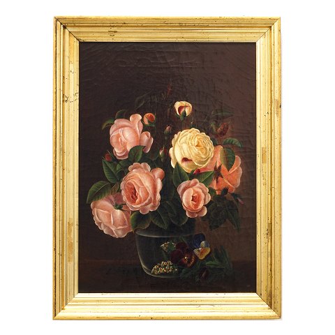 Schule I L Jensens: Blumengemälde mit Rosen. Öl 
auf Leinen. Signiert "Li". Dänemark um 1830
Lichtmasse: 43x31cm. Mit Rahmen: 51x39cm