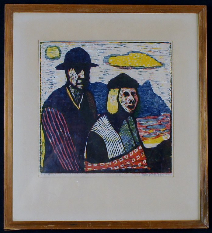 Seppo Mattinen (born 1930) Lithograph in colors of couple in a landscape.