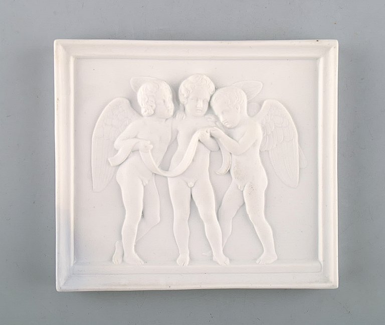Royal Copenhagen after Thorvaldsen. Antique rare biscuit plaque. Three angel 
boys. 1870