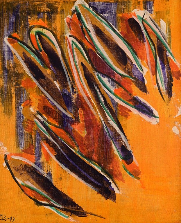 Ivy Lysdal, b 1937. Danish ceramist and painter. Acrylic on canvas. Abstract 
modernist painting. Colorful palette. Dated 1997.
