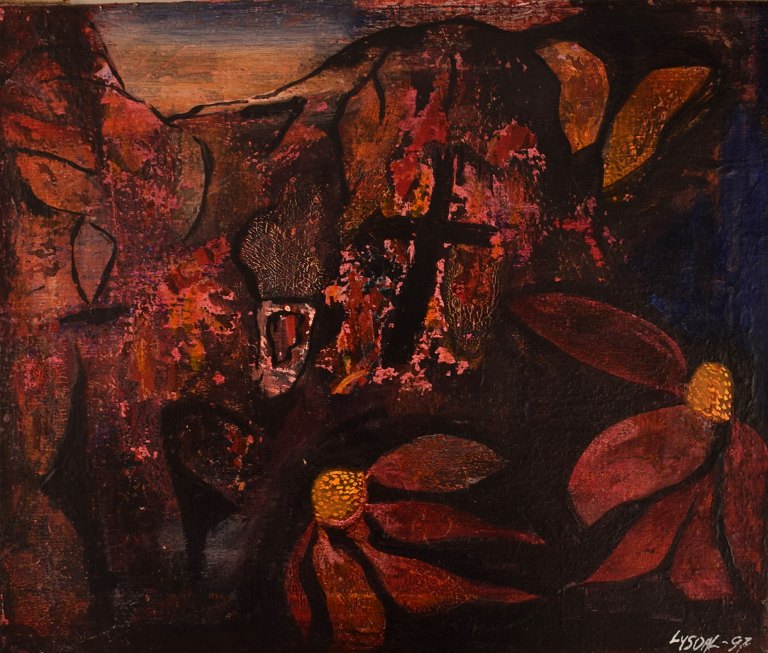 Ivy Lysdal, f 1937. Dansk keramiker og kunstmaler. Akryl på lærred. Abstrakt 
modernistisk maleri. Koloristisk palette. Dateret 1997.
