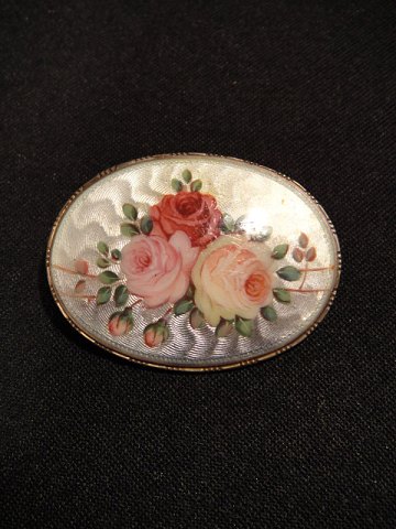www.Antikvitet.net - Oval Broche . * emalje Roser. * Sølv 935 H.G ...