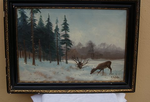 Painting by A. Lefelt. Winter Scene with Deer