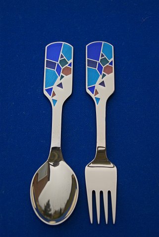 Set 1990 Christmas spoon and fork in gilt sterling silver