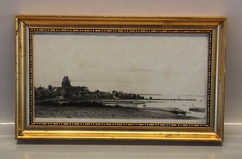 Peter Ilsted Etching Landscape with fjord and church ca 32 x 18.5 cm including 
frame PI 1899