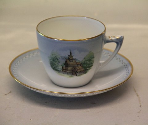 B&G Porcelain Motives of Norway 305.5 Cup and saucer, pierced border 1.25 dl - 
Borgun Stavkirke Wooden Church (11705)