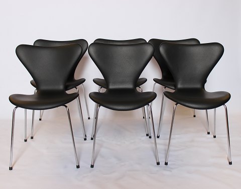 Sæt af 6 Syver stole - Sort grace læder - Model 3107 -Arne Jacobsen - Fritz 
Hansen - 1990