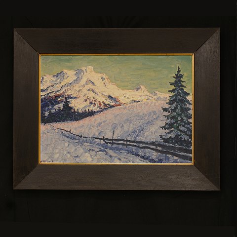 Heinrich Blunck, 1891-1963, Vinterlandskab i Alperne. Olie på plade. Signeret. Lysmål: 35x50cm. Med ramme: 52x67cm