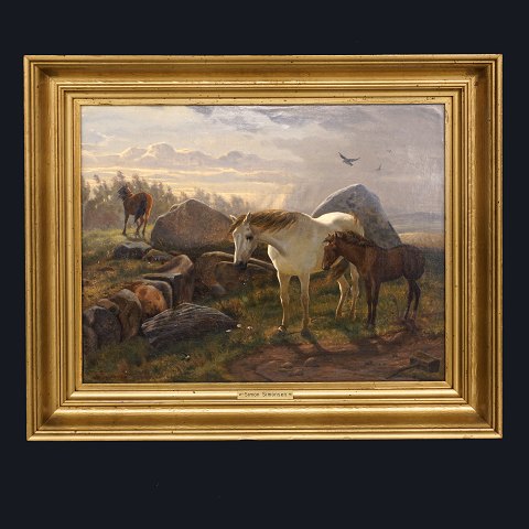 Simon Simonsen, 1841-1928: 3 horses. Oil on canvas 
on plate. Dated and signed 1864. Visible size: 
31x40cm. With frame: 42x51cm