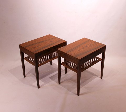 A set of bedside tables in rosewood and papercord shelf designed by Severin 
Hansen and manufactured by Haslev furniture factory in the 1960s.
5000m2 showroom.