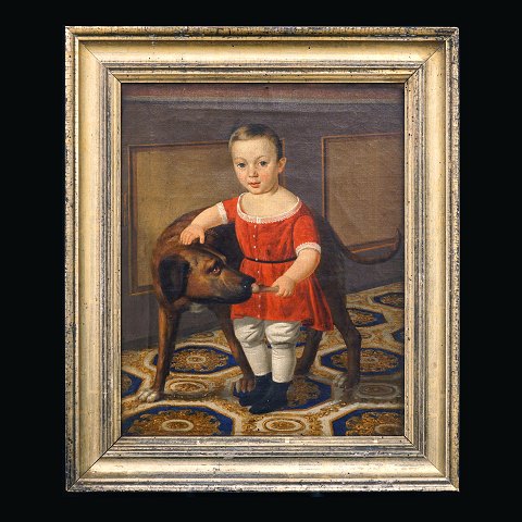 Unknown artist: Portrait of a child with dog. Oil 
on canvas. Circa 1830-50. Visible size: 36x29cm. 
With frame: 46x39cm