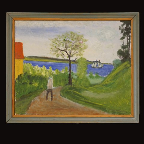 Jens Søndergaard, 1895-1957: "Fjorden ved .....", 
olie på lærred. Signeret og dateret 1952. 
Hidrørende fra boet efter Anelise Søndergaard. 
Lysmål: 66x79cm. Med ramme: 77x90cm