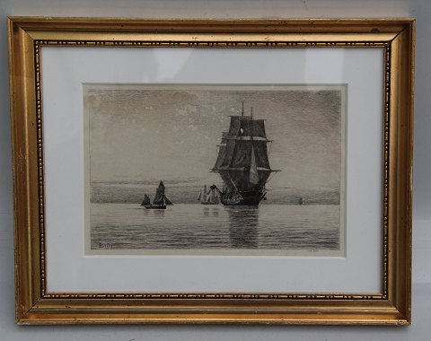 Etching: Sescape: Carl Locher 1887- 27 x 35 cm including golden frame