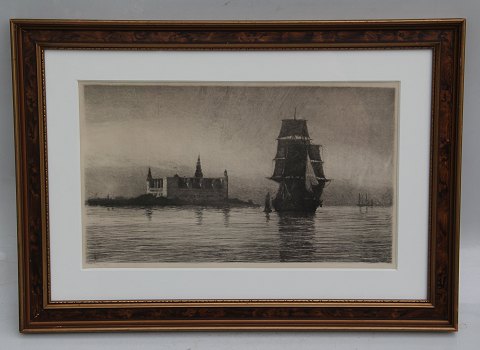 Radering: Carl Locher 1899 Skibe ved Kronborg 32 x 45 cm inklusiv ramme