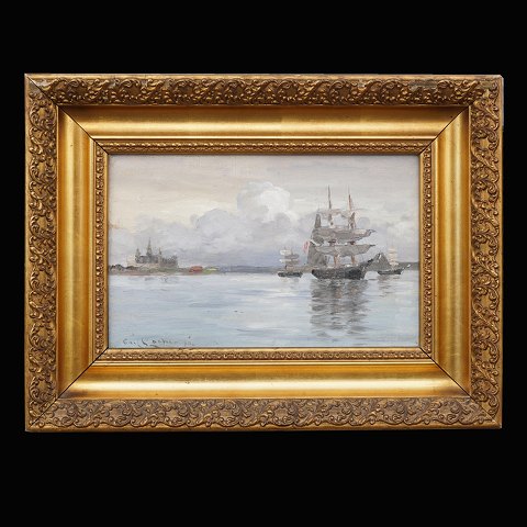 Carl Locher, 1851-1915: Skibe ved Kronborg. Olie 
på lærred. Signeret. Lysmål: 22x35cm. Mit Rahmen: 
40x53cm