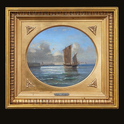 Anton Melbye, 1818-75, olie på plade. Marinemotiv. 
Signeret og dateret 1856. Lysmål: 26x30cm. Med 
ramme: 42x46cm