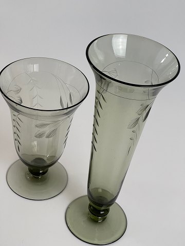 Pair of art deco vases in the color smoke-topaz with green tint from the 1930s. 
Swedish Grace expression, but probably from Danish Holmegaard