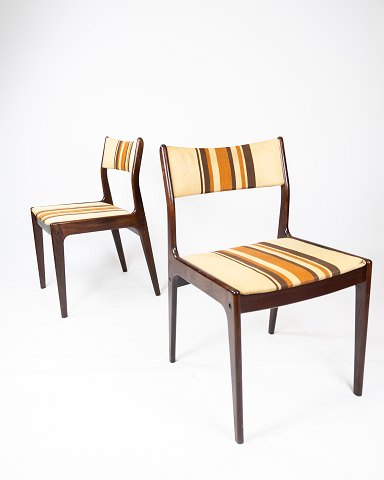 A set of 2 chairs - Dark wood - Light striped fabric - Danish design - Uldum 
Møbelfabrik - 1960