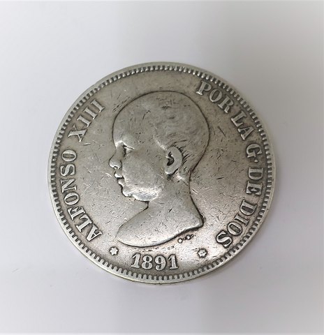 Spanien. Silber 5 Pesetas 1891. Durchmesser 38 mm.
