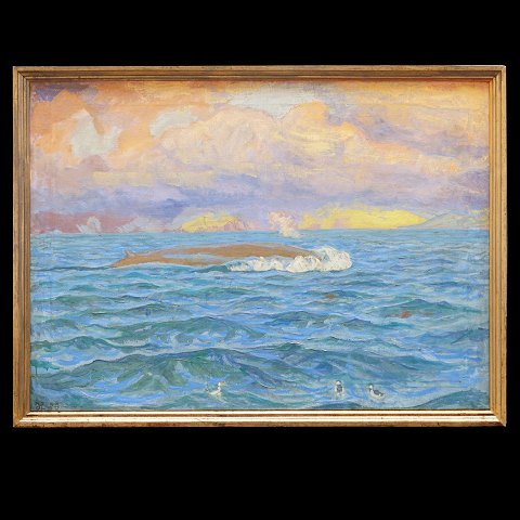 Johannes Larsen, 1867-1961, Öl auf Leinen. Finnwal 
und Seepapegeien vor der Küste Islands. Signiert 
und datiert 1930. Lichtmasse: 93x130cm. Mit 
Rahmen: 102x139cm