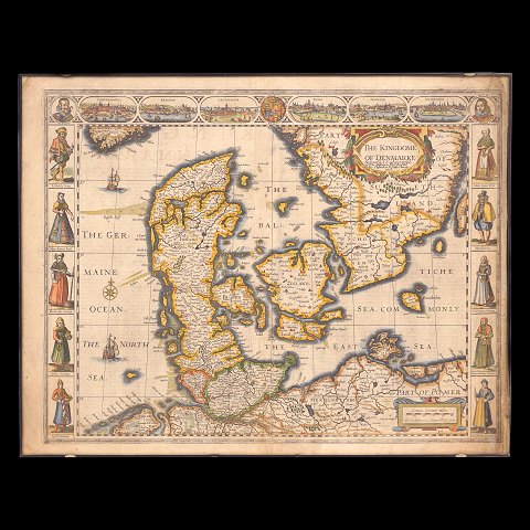 Kobberstukket og koloreret Danmarkskort . "The Kingdom of Denmarke". Udgivet ca. år 1676. Mål: 42x54cm