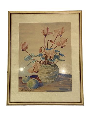 Akvarel med blomster motiv og med forgyldt ramme, fra omkring 1940erne. 
5000m2 udstilling.
Flot stand
