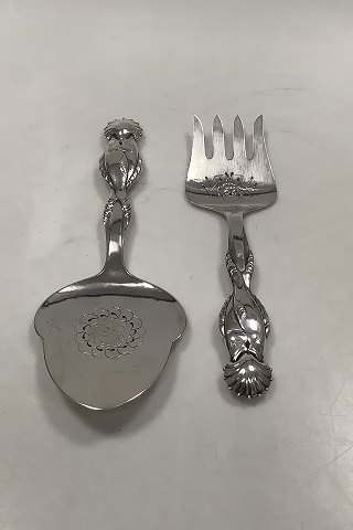 Georg Jensen Sterling Sølv Ornamental Fiske Serveringsgaffel og spade No 55