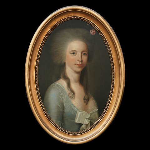 Jens Juel, 1745-1802, Kreis, Öl auf Leinen auf 
Holz. Porträt von Margaretha Løvenskjold, 
1772-1808. Heiratet den dänischen Grafen Frederik 
Moltke, der später dänischer Statsminister wird. 
Lichtmasse: 62x40cm. Mit Rahmen: 77x55cm