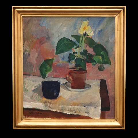 Olaf Rude maleri. Olaf Rude, 1886-1957, olie på 
lærred. Opstilling med potteplante og keramik skål 
på bord. Signeret Olaf Rude. Lysmål: 73x66cm. Med 
ramme: 87x80cm