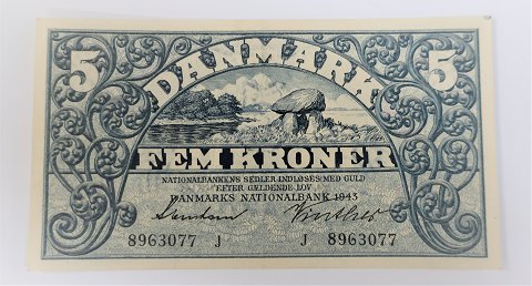 FEJL på bagside. Danmark. Pengeseddel 5 kr. 1943 J. Ucirkuleret.