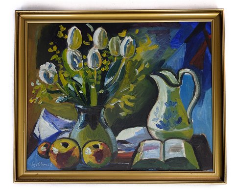 Maleri, blomster motiv, grønne og blå farver, Eyvind Olesen år 1957, 62x75
Flot stand
