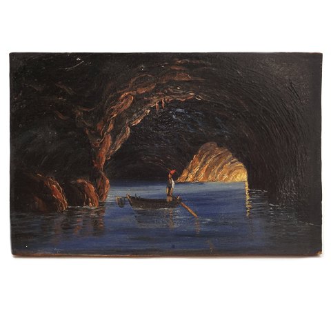 Unbekannter Künstler: Die Blaue Höhle, Capri, Öl 
auf Holz. Masse: 7,3x11,2cm.