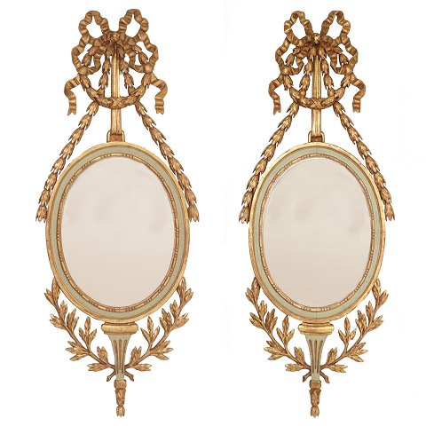 Pair of rare Louis XVI "Liselund" gilt mirrors 
made for the castle "Liselund", Seeland, by J. C. 
Lillie, Denmark circa 1790. H: 132cm. W: 54cm