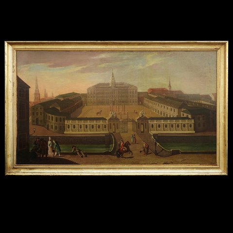 Grosse Partie mit Motiv von Christiansburg, 
Kopenhagen, und Volksleben im Vordergrund. Gemalt 
um 1755. Lichtmasse: 134x78cm. Mit Rahmen: 
147x91cm