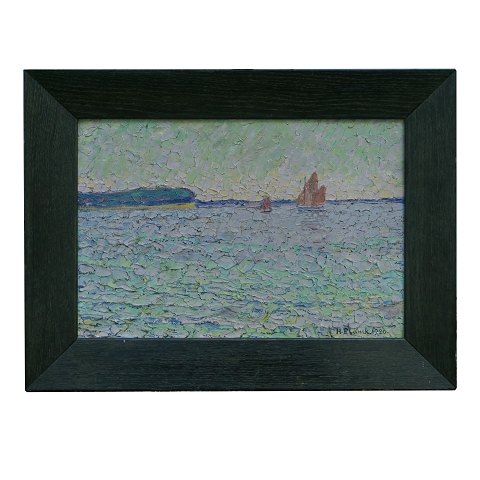 Heinrich Blunck, 1891-1963, Öl auf Platte. 
Signiert og datiert 1920. "Abend auf der Förde". 
"Blick auf den Wald von Schelde. Die Düppelhöhe 
und das Alsener Ufer".
Lichtmasse: 25x36cm. Mit Rahmen: 37x48cm