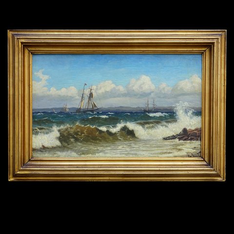 Christian Blache marine maleri. Christian Blache, 
1838-1920, olie på lærred. Sejlskibe i oprørt hav 
ud for kyst. Signeret. Lysmål: 34x56cm. Med ramme: 
51x73cm