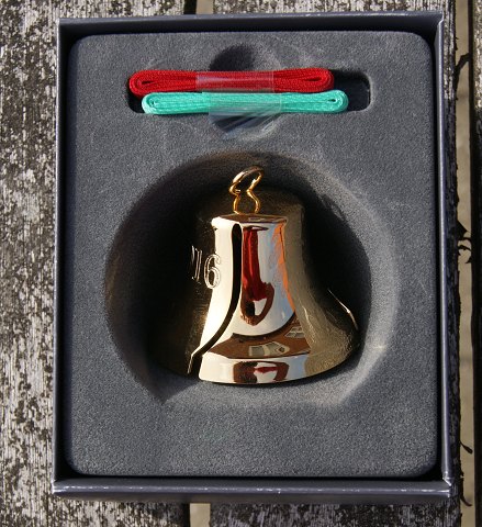 Georg Jensen Denmark Christmas ornaments in gilded brass. Christmas bell from 2016 in original box.