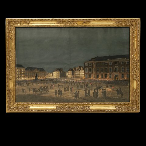 Gouache mit Motiv in Form von Volksleben am 
Kongens Nytorv, Kopenhagen, um 1840. Lichtmasse: 
69x101cm. Mit Rahmen: 85x117cm