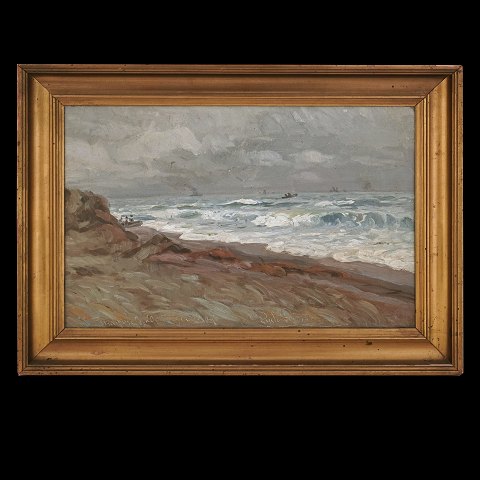 Maleri Skagen. Hans Gyde Petersen, 1862-1943, olie 
på lærred. Motiv i form af Skagen strand. Signeret 
og dateret "Skagen d. 20. April 09". Lysmål: 
28x42cm. Med ramme: 39x53cm