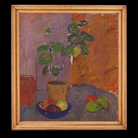 Karl Isakson maleri. Karl Isakson, 1878-1922, 
stilleben med pelargonie og frugter, olie på 
lærred. Lysmål: 57x52cm. Med ramme: 66x61cm