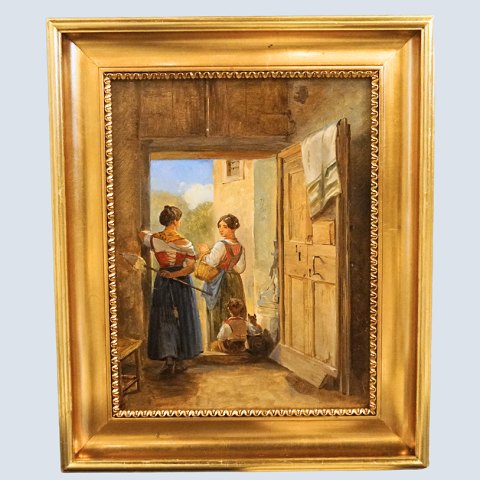 Wilhelm Marstrand; maleri, samtalende kvinder i døråbning