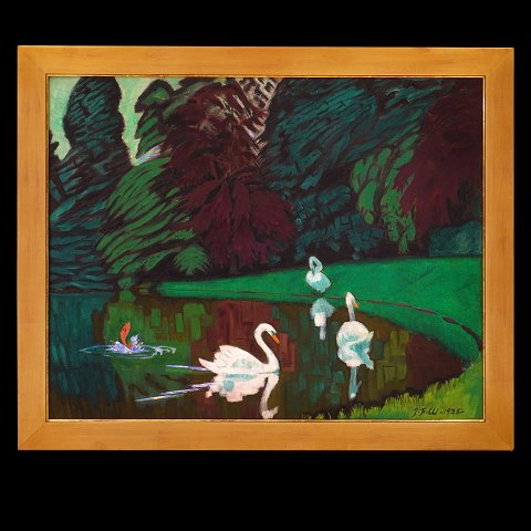 Jens Ferdinand Willumsen, 1863-1958, Öl auf 
Leinen. See mit Schwänen. Signiert und datiert 
1935. Lichtmasse: 72x90cm. Mit Rahmen: 85x103cm