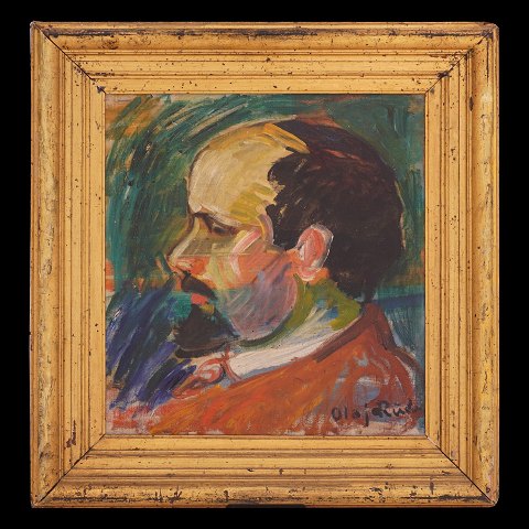 Olaf Rude kunstnerportræt. Olaf Rude, 1886-1957, 
olie på lærred. Portræt af kollegaen og den nære 
ven Axel P. Jensen. Signeret. Hidrørende fra boet 
efter Axel P. Jensen. Lysmål: 43x40cm. Med ramme 
62x59cm