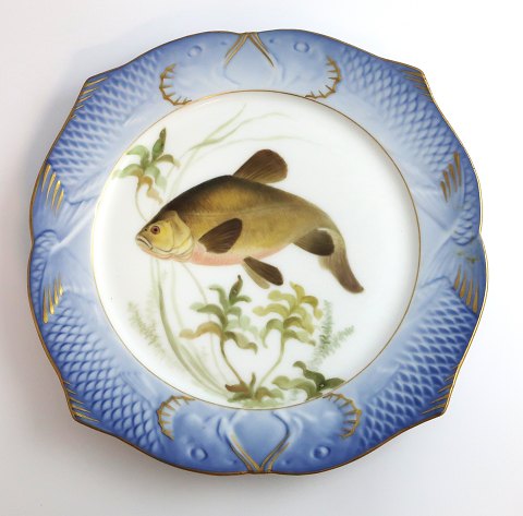 Royal Copenhagen. Fiskestel No.19. Model 3002. Diameter 22,5 cm. Cyprinus tinca. 
Produceret før 1923. (1 sortering)