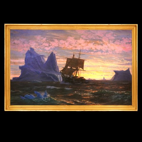 I E C Rasmussen parti fra Grønland med skib, 
isbjerge og solnedgang. Jens Erik Carl Rasmussen, 
1841-93, olie på lærred. Signeret og dateret 1872. 
Lysmål: 98x156cm. Med ramme: 112x170cm