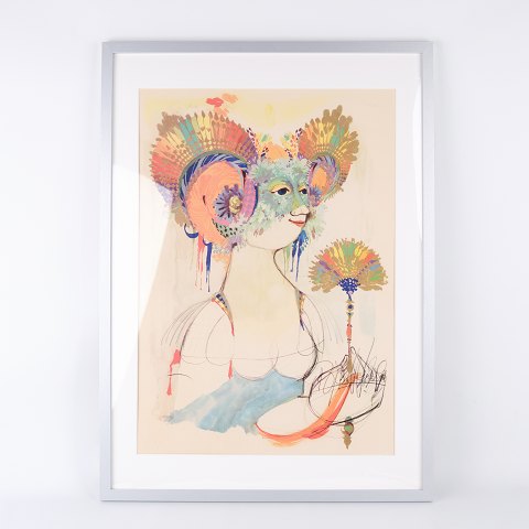 Serigrafisk Plakat Af Bjørn Wiinblad - Motiv Af Kvinde Med Vifte - Signeret - 
1970erne
