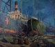 Danish painter, warship in port.
