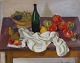 Dansk Kunstgalleri præsenterer: "Opstilling med klæde, frugter og flaske på bord" Maleriet bærer nogle ...