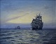 Alfred Olsen: Sejlskib i solnedgang. 
Signeret. Alfred Olsen 1914. 
Olie på lærred.